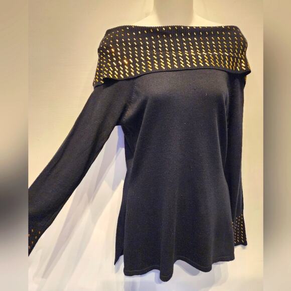 Questions Black Off the Shoulder Sweater Petites Small - Picture 1 of 9